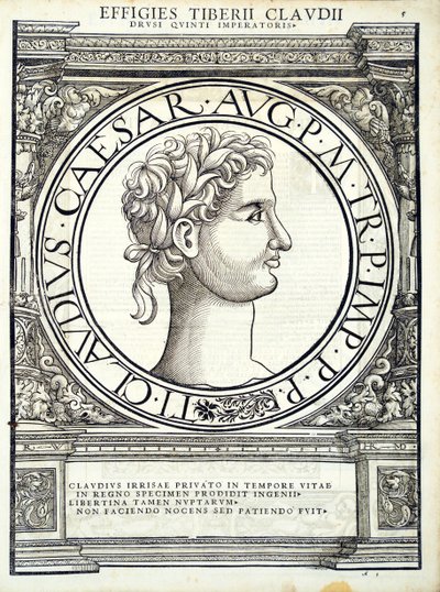 Claudio César, ilustración de Imperatorum romanorum omnium orientalium et occidentalium verissimae imagines ex antiquis numismatis de Hans Rudolf Manuel Deutsch